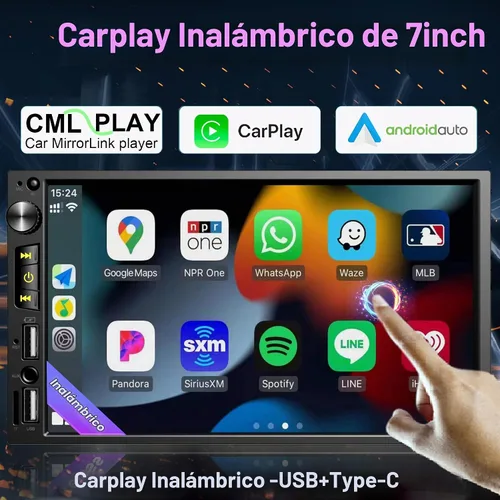 Vista 2 de Estéreo de coche de doble DIN de 7 pulgadas con Apple CarPlay inalámbrico, radio de coche Android Auto, Bluetooth 5.2, pantalla táctil IPS de 1024 *