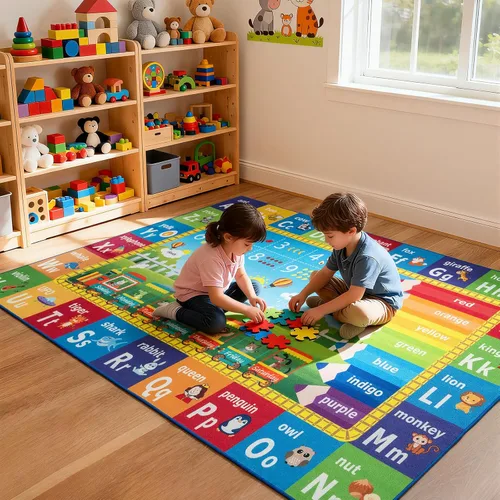 Vista 6 de ST. BRIDGE Alfombra Educativa para Niños para Sala de Juegos 3x5 Pies, Alfombra de Juego Antideslizante con Alfabeto ABC, Números y Animales