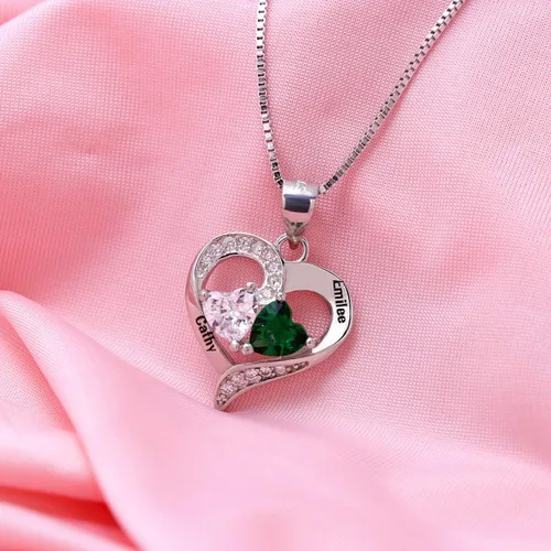 Vista 6 de Collar de corazón personalizado con 2 piedras natales, 2 nombres, colgante con nombre personalizado para madre hija, regalos del día de la madre