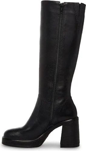 Vista 3 de SOVANYOU Botas de cuero negro con plataforma para mujer, punta cuadrada, botas de tacón grueso con cremallera lateral