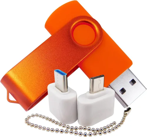 Vista 3 de Mini unidad flash USB de capacidad con 1 OTG (Micro USB) y 1 adaptador tipo C (USB-C) para teléfono móvil (naranja, 128 MB)