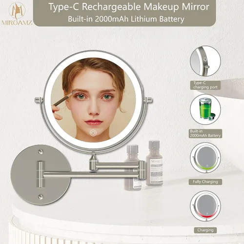 Vista 5 de Espejo de maquillaje recargable montado en la pared iluminado para el tocador de 20 centímetros de doble cara con aumento 1X 10, espejo de baño