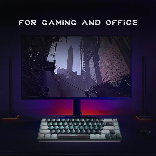 Vista 6 de abucow Teclado mecánico 65% para juegos, teclado compacto con cable con interruptor azul con retroiluminación azul, teclas intercambiables grises