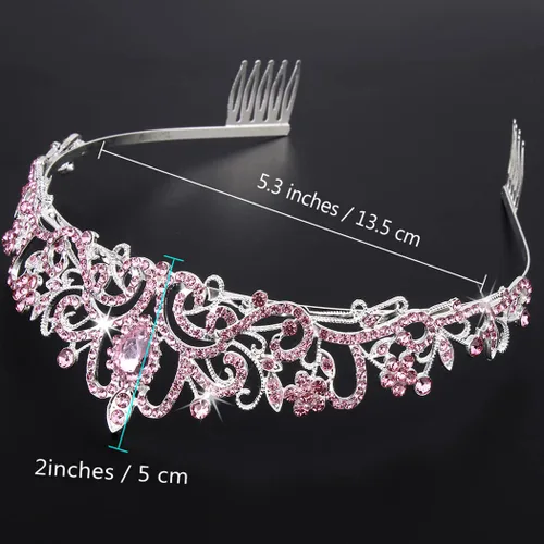 Vista 5 de CURASA Tiara de cristal rosa para mujer, corona de princesa, corona de cumpleaños, diadema de boda, accesorios para el cabello para disfraz