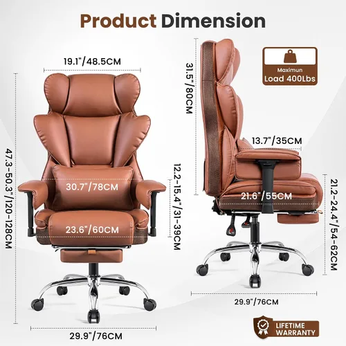 Vista 3 de BESTFAIR Silla de oficina grande y alta, silla ejecutiva de capacidad de 400 libras con respaldo alto y reposapiés, silla de oficina ergonómica