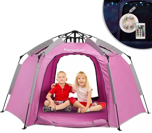 Vista 14 de Tienda de campaña hexagonal portátil para niños con tira de luces LED para interiores, casa de juegos para niños, tienda de campaña de ensueño