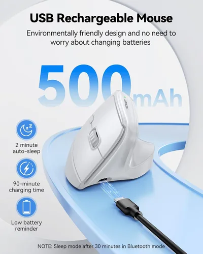 Vista 5 de TECKNET Vertical Ergonomic Wireless Bluetooth Mouse, Silent Rechargeable Bluetooth Mouse(BT 5.0/5.0+2.4G), 5-Level 4800 DPI, 200H Long