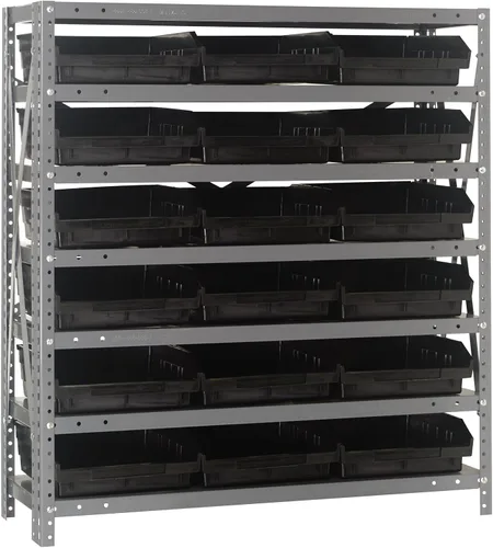 Vista 190 de Quantum QSBU-245BK Heavy Duty Shelving Unit with (7) Shelves and (24) QUS245 Black Bins for Garage Warehouse Storage Distribution 400 lb Load