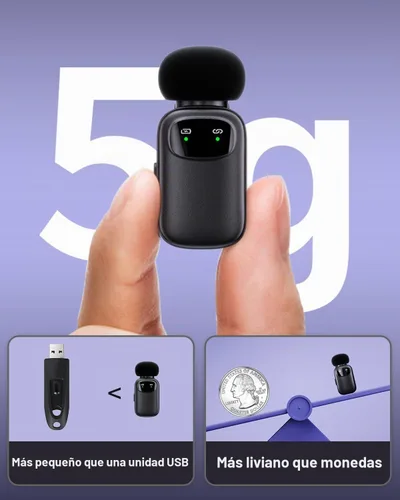 Vista 5 de T1 mini micrófono inalámbrico Lavalier para iPhone/Android/iPad, reducción de ruido de 3 niveles, duración de la batería de 30 horas, cambiador
