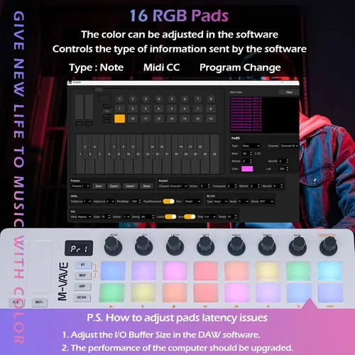 Vista 4 de M-VAVE 25 Teclas 16 Almohadillas de Batería Retroiluminadas Teclado MIDI – Creador de Ritmos Profesional y Keytar para Producción Musical de Teclado