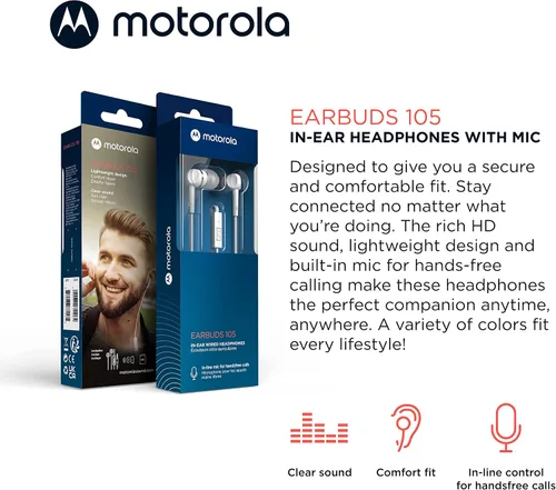 Vista 2 de Motorola - Auriculares con cable con micrófono, auriculares intraurales con cable, botón de control para llamadas/música, cómodos y ligeros de fácil