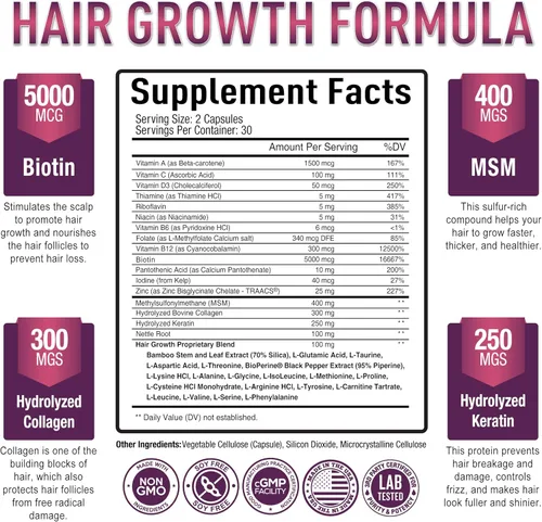 Vista 2 de Purely Optimal Vitaminas para el crecimiento del cabello – Apoya el crecimiento del cabello más grueso, más fuerte, piel y uñas saludables