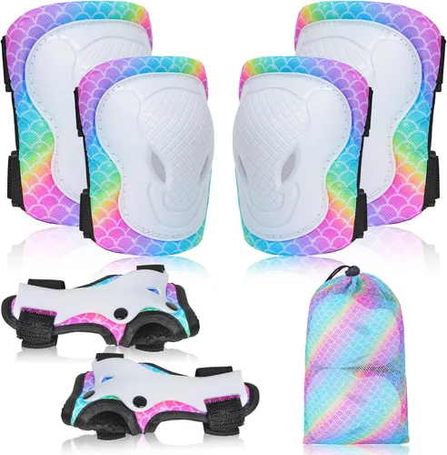 Vista 8 de Rodilleras para niños, juego de equipo de protección ajustable con bolsa de malla, rodilleras y coderas, protector de muñeca para niñas, patines