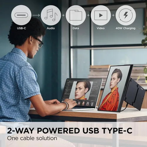 Vista 4 de ViewSonic VP1656 Monitor portátil IPS de 15.6 pulgadas 1200p con alimentación de 2 vías 40W USB C, validado por Pantone, calibrado de fábrica