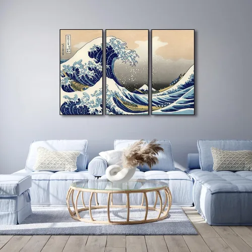 Vista 4 de Wieco Art Arte enmarcado de aluminio negro grande, 3 paneles, gran ola de Kanagawa, Katsushika Hokusai, impresiones en lienzo de arte de pared