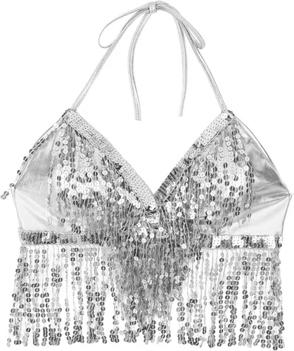 Vista 5 de Camiseta sin mangas sexy sin espalda con cuello halter para mujer, para festival, club, lentejuelas, con borla, top corto