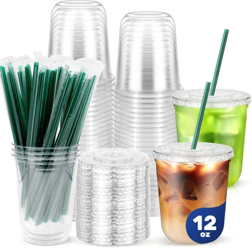 Vista 14 de 50PCS 14 oz Clear Plastic Cups with Lids and Dark Green Straws Transparente
