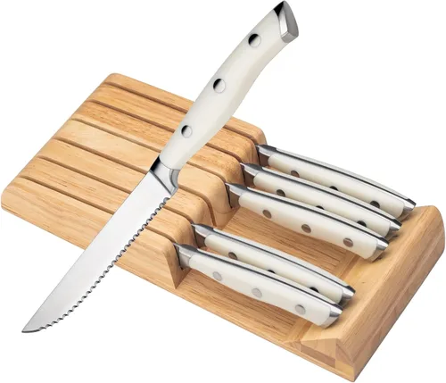 Vista 10 de Alata Juego de cuchillos para carne de 8 piezas, 4.7 pulgadas con borde dentado, cuchillos afilados para cena, construcción de espiga completa Negro