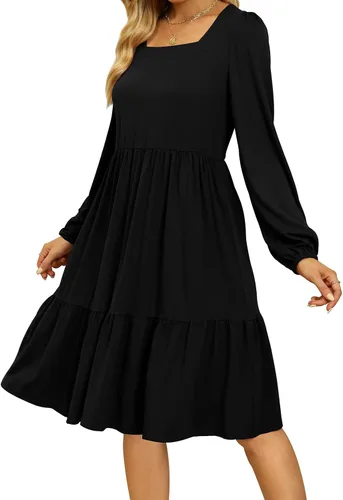 Vista 4 de Vestido de manga larga con cuello cuadrado para mujer, casual, manga abombada, ropa de otoño plisada