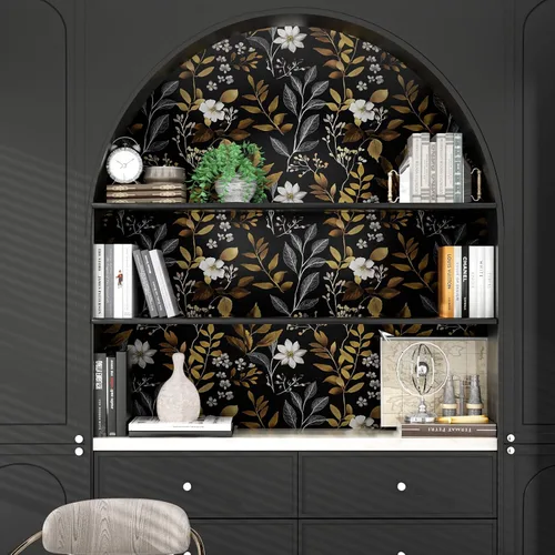 Vista 5 de Papel pintado floral dorado negro para pelar y pegar, papel pintado de hojas boho, papel de contacto botánico para gabinetes, vinilo autoadhesivo