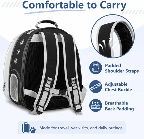 Vista 7 de Mochila expandible para gatos y perros, mochila de viaje para mascotas con ventana de burbujas con malla transpirable, estructura anticolapso, Negro