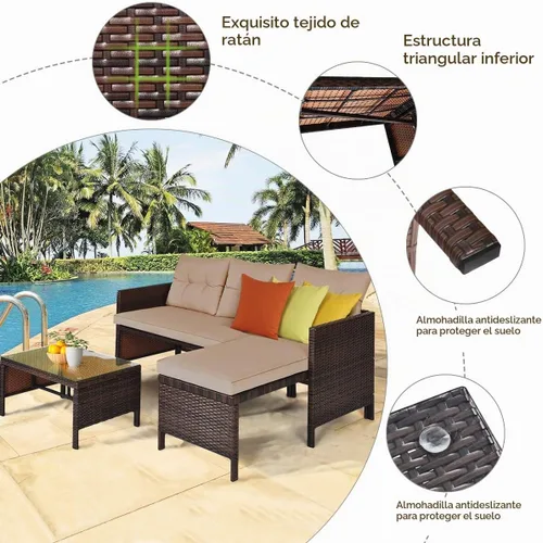 Vista 4 de DORTALA Juego de muebles de mimbre para patio, sofá de 3 piezas, sofá seccional de ratán de polietileno en forma de L, juego de conversación