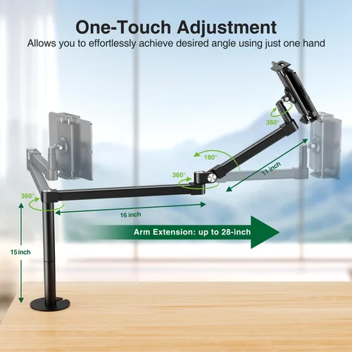 Vista 4 de elitehood Soporte de escritorio para iPad de brazo largo con base de montaje con ojales, soporte de aluminio resistente para tableta, soporte