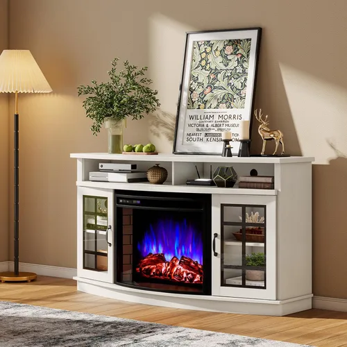 Vista 8 de AMERLIFE - Soporte de TV curvado con chimenea de 59 pulgadas con almacenamiento para televisores de hasta 65 pulgadas Blanco gastado