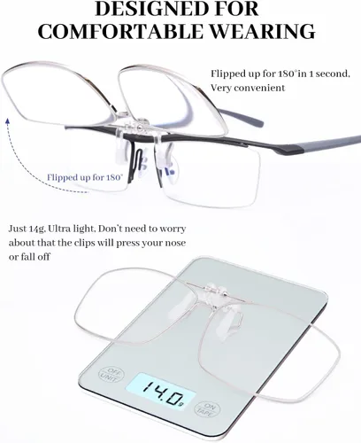 Vista 3 de LUFF Clip On Reading Glasses,Flip Up Blue Light Blocking Readers for Myopia Sturdy Fits Most Glasses Anti-slip Silicone Pads Rimless Design