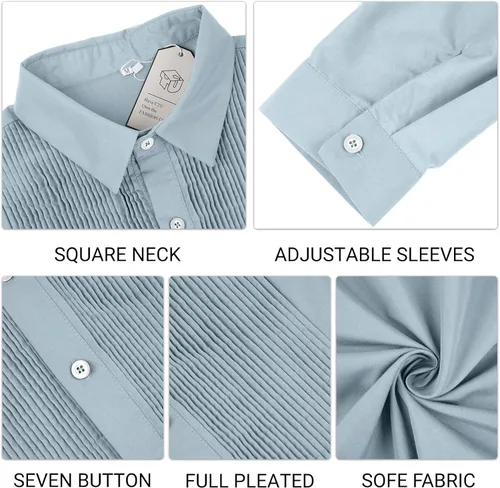 Vista 5 de CTU Camisa de vestir plisada para hombre, camisas de esmoquin de manga larga con botones formales