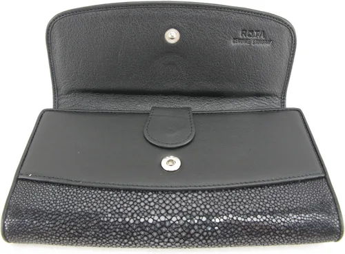 Vista 3 de Cartera de embrague triple de piel de mantarraya pulida genuina para mujer, Negro -, Cartera de embrague triple con rayas pulidas