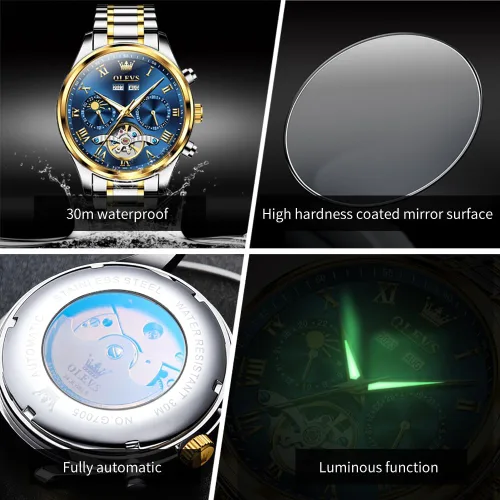 Vista 5 de OLEVS Relojes automáticos para hombre, movimiento mecánico, esfera de esqueleto, relojes Tourbillon de cuerda automática, de lujo, impermeables