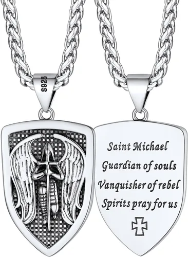 Vista 27 de FaithHeart Collar de San Miguel, acero inoxidable, chapado en oro de 18 quilates, amuleto colgante de San Miguel Arcángel para hombres y mujeres