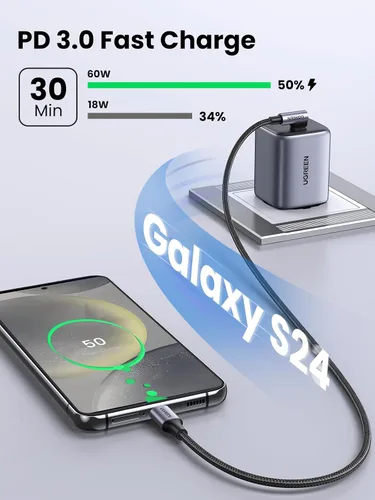 Vista 4 de Cable Ugreen USB C a USB C de 60 W, ángulo recto de 90 grados tipo C de 3.3 pies, cable USB C a USB C de 60 W de 90 grados tipo C para iPhone 17/16