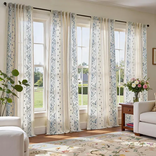 Vista 18 de jinchan Cortinas de lino floral marfil para sala de estar 84" pestaña