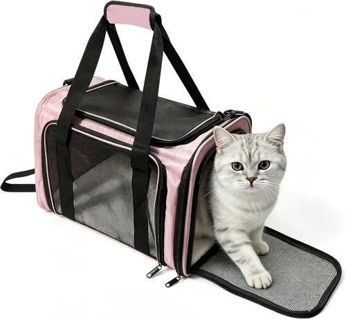 Vista 12 de Transportador para perros para mascotas, hasta 25 libras, transportador de viaje plegable para cachorros con correa para el hombro y tapete Negro