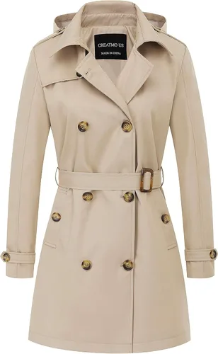 Vista 22 de CREATMO US Gabardina para mujer con doble botonadura clásica con solapa, con cinturón y capucha desmontable Albaricoque