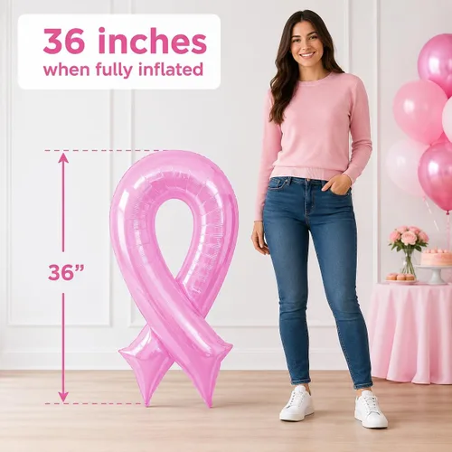 Vista 2 de Artisan Owl Globo de aluminio jumbo de 36 pulgadas con cinta rosa para concientización sobre el cáncer de mama para eventos de recaudación de fondos