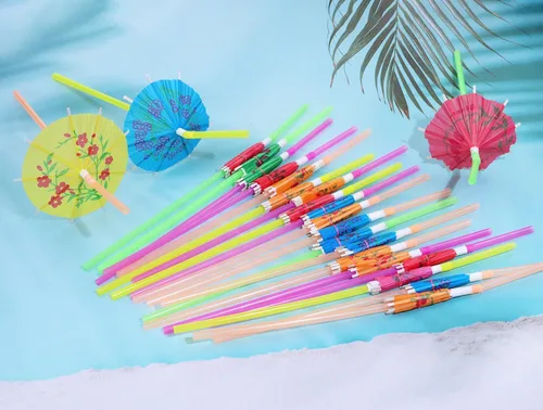 Vista 3 de Pajitas hawaianas para fiesta, 25 unidades, 9.45 pulgadas, colores surtidos, mini paraguas de papel, bebidas, jugo, cóctel, batido, pajitas