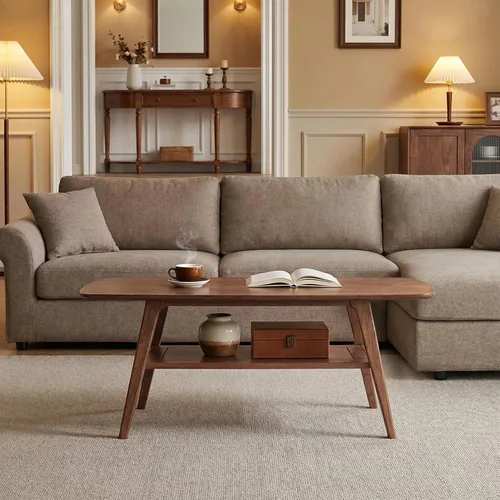 Vista 6 de Mesa de centro de madera maciza, moderna mesa de centro de madera con estante de almacenamiento para sala de estar, apartamento y oficina