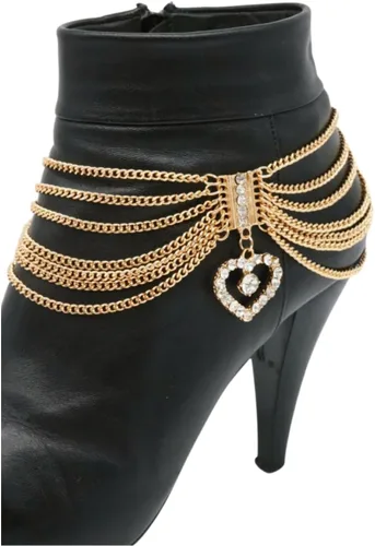 Vista 3 de Pulsera de cadena de metal dorado para mujer, estilo occidental, tobillera con dije de corazón, Metal, Sin gemas.