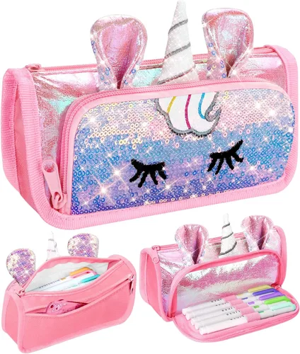 Vista 8 de Lindo estuche para lápices, estuche 3D para niñas y niños, bolsa brillante para lápices con lentejuelas para estudiantes, suministros escolares