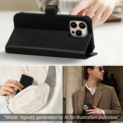 Vista 7 de Funda de cuero compatible con iPhone 16 Pro Max Cartera 6.9", cuero genuino 2 en 1, magnética, desmontable, a prueba de golpes, funda tipo folio
