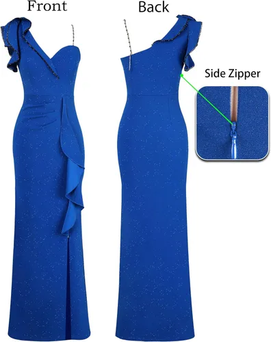 Vista 5 de VFSHOW Vestido largo de fiesta formal con volantes y tirantes para el hombro, para mujer, vestido largo sexy con cuello en V dividido para cóctel