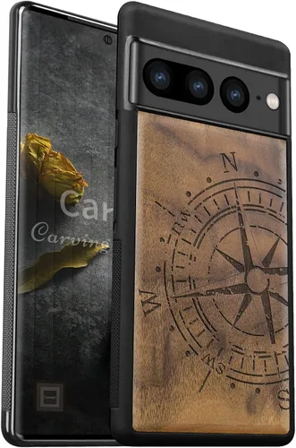 Vista 7 de Carveit Funda de madera para Google Pixel 7 Pro [madera natural y TPU negro] a prueba de golpes (negro madera, brújula vintage) Google Pixel 7 Pro