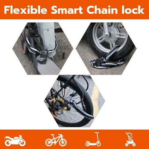 Vista 6 de Cerradura de cadena para bicicleta de huellas dactilares, bloqueo de bicicleta Bluetooth impermeable, biométrico sin llave, resistente, antirrobo