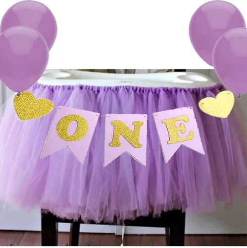 Vista 5 de Tutú de bebé para el primer cumpleaños para decoración de silla alta y banderín "ONE" Happy Birthday para silla alta Rosa Uno