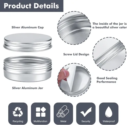 Vista 3 de Moretoes Paquete de 8 latas de aluminio de 2 onzas con tapas de rosca Pequeños recipientes de metal recargables, para salve, especias, velas