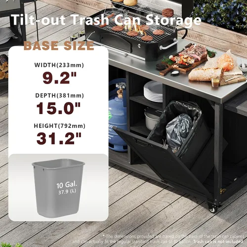 Vista 7 de JIVOIT Isla de cocina al aire libre de 78.3 pulgadas con mesa plegable, carrito de madera para exteriores con almacenamiento de basura y parte