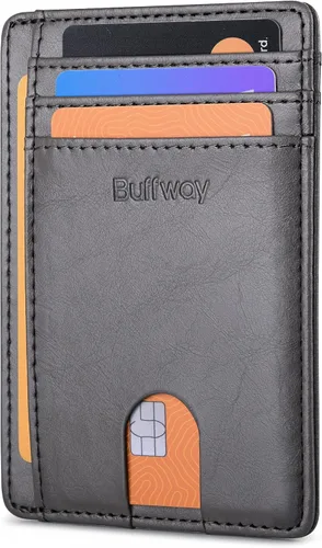 Vista 39 de Buffway - Carteras de cuero delgadas minimalistas con bolsillo frontal y bloqueo RFID para hombres y mujeres, negro (Alaska Black), Minimalista